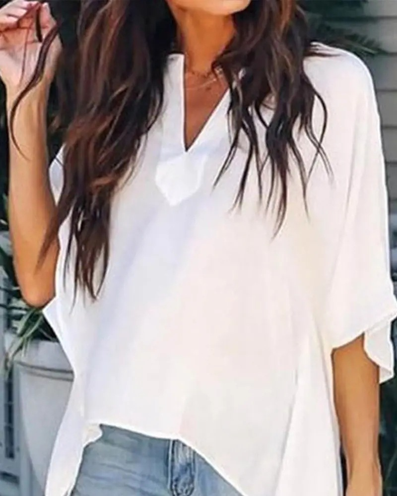 Abbigliamento estivo da donna, top con scollo a V e maniche a pipistrello, camicie corte davanti e lunghe dietro_voghion.com