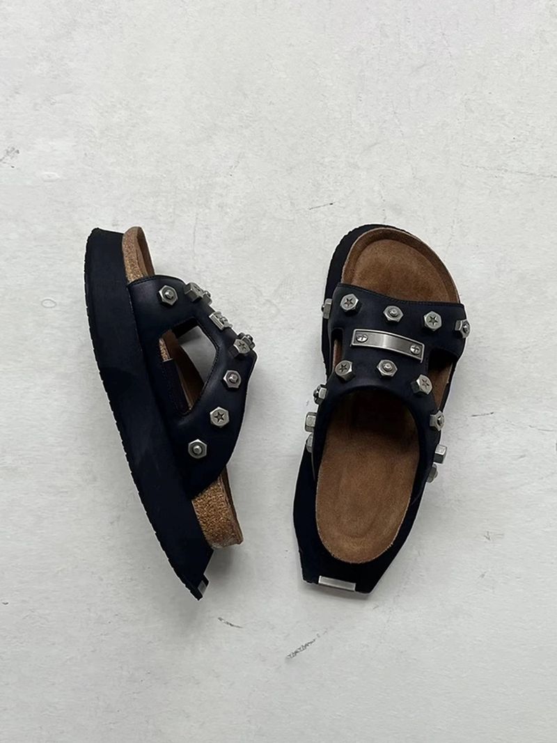 Rivetti funzionali a nicchia piccola, suole spesse estive a una linea, mezze pantofole, scarpe in pelle irregolari, sandali,_voghion.com