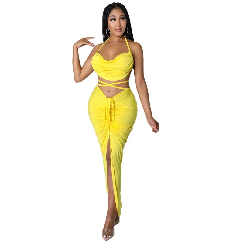 Y1141 Vêtements pour femmes de boîte de nuit Couleur unie Sexy Évider Fendu Cravate Dos Nu Ensemble deux pièces_voghion.com