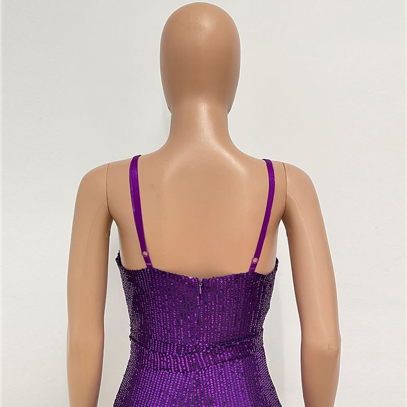 Damen-Overall mit ärmellosem Pailletten-Strapsträger – Glamouröser trägerloser Romper mit verstellbarem Gürtel (Schwarz/Weiß/Champagner, S-XXXL)_voghion.com
