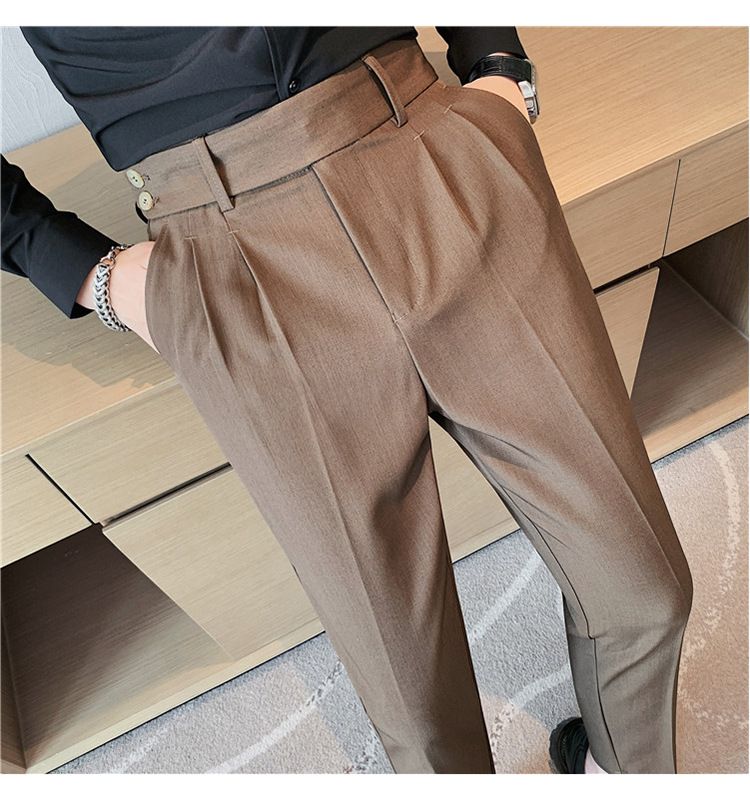 Pantaloni napoletani da uomo nuovi di zecca, in twill strutturato, con vita a pieghe, design casual a nove punte, vita media e alta_voghion.com