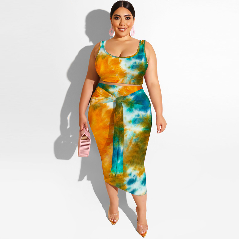 20778 Zomer nieuwe tie-dye print strakke wrap hippe mode casual set dames plus size tweedelige set_voghion.com
