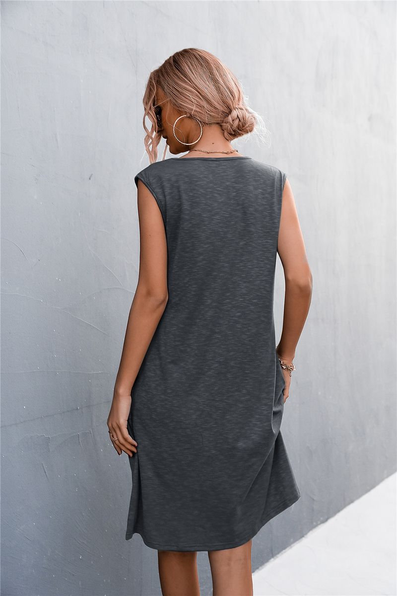 2023 frühjahr/Sommer Neue Solide V-ausschnitt Ärmelloses Tank Top Gestrickte Kleid Kurzen Rock_voghion.com