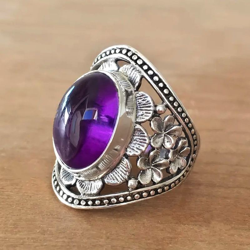 Cao Shi Moonstone Bohemian Carved Edge Vintage Style Flower Palace Index Finger Ring_voghion.com