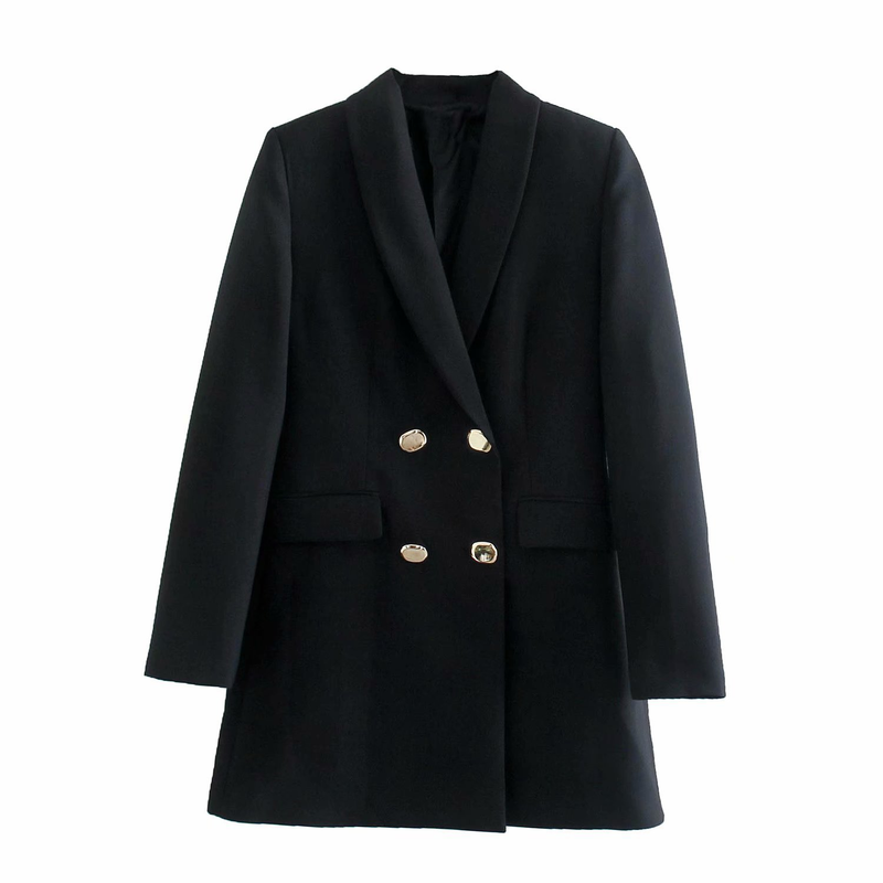 Women's clothing mid-length solid color double-breasted temperament slim suit jacket_voghion.com