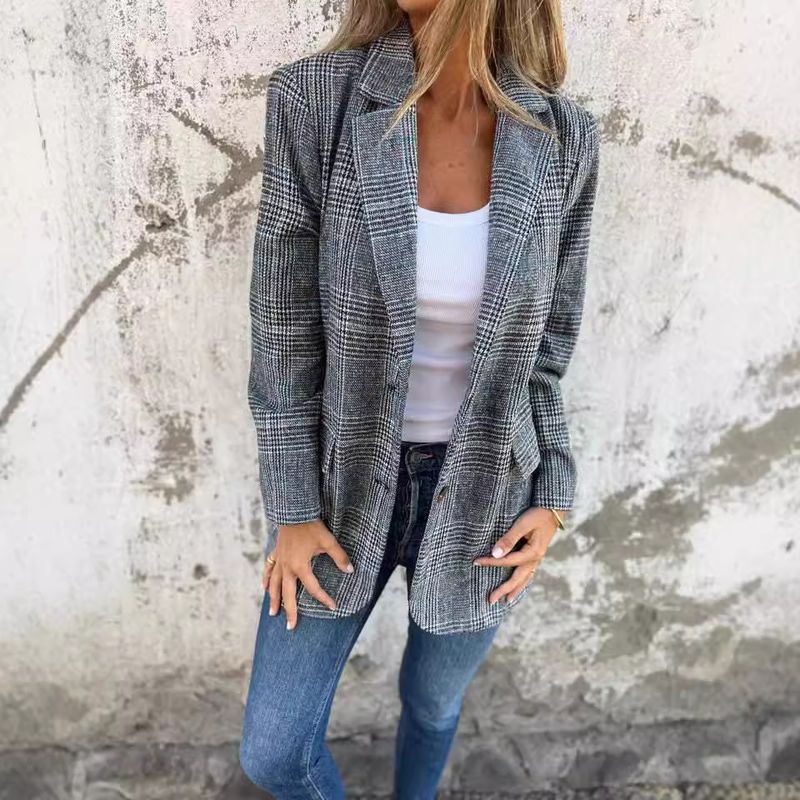 Giacca cardigan autunno/inverno 2025 da donna, casual e alla moda, con risvolto pied de poule_voghion.com