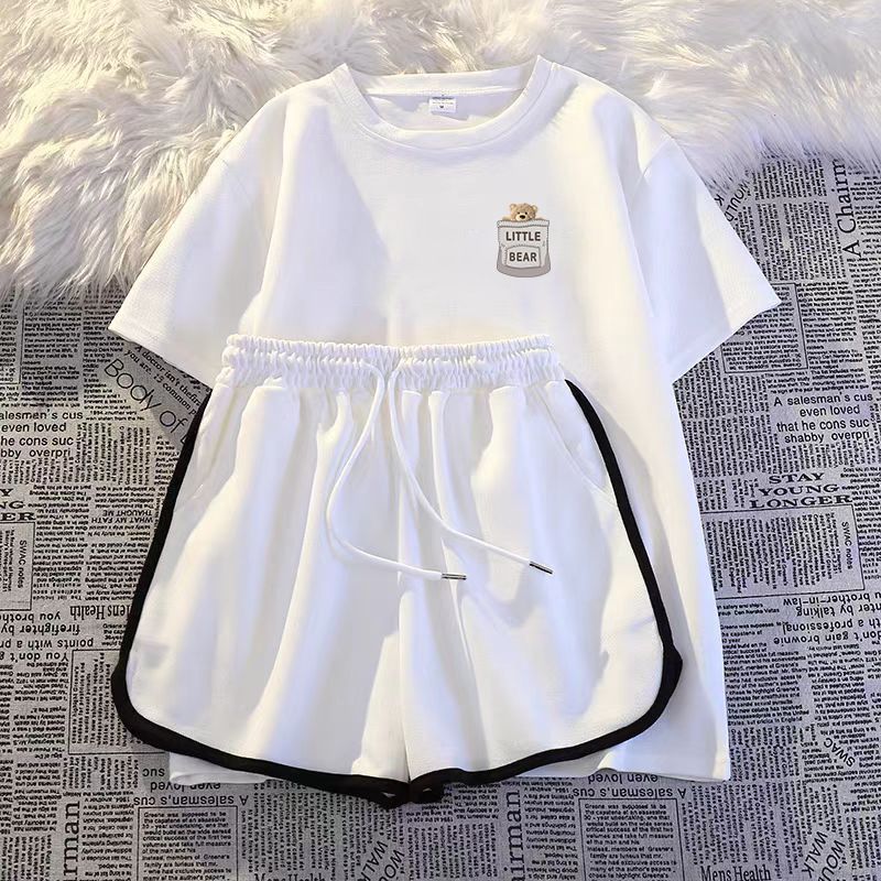Ensemble 2 pièces en soie de lait de style coréen pour femme : haut à manches courtes avec cordon de serrage et short ample (décontracté, été, sport)_voghion.com