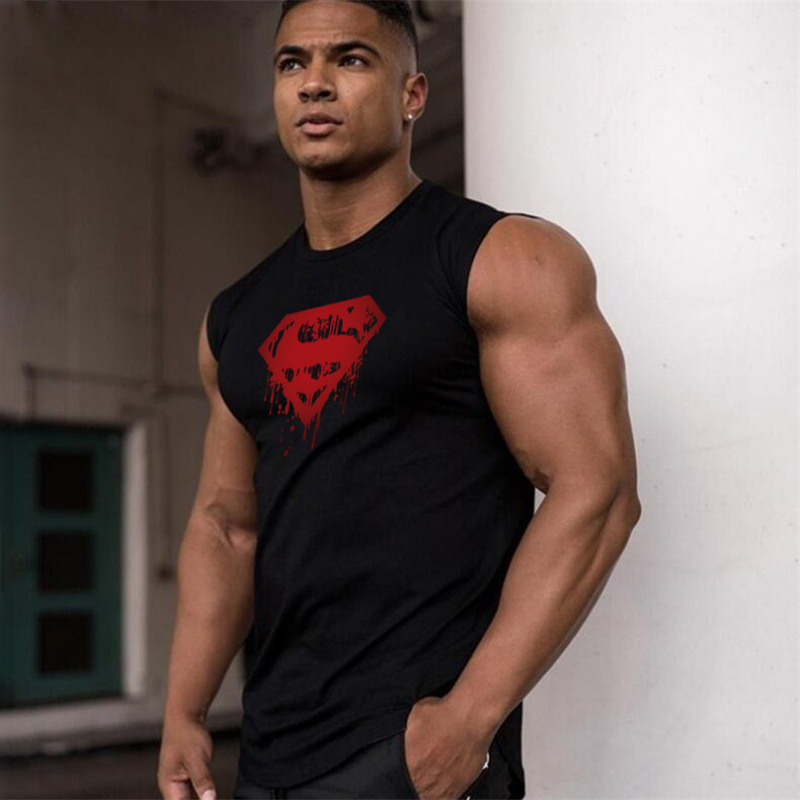 T-shirt senza maniche per sport estivi da uomo Bodybuilding Fitness Superman Canotta attillata in puro cotone Abbigliamento da allenamento per la corsa_voghion.com