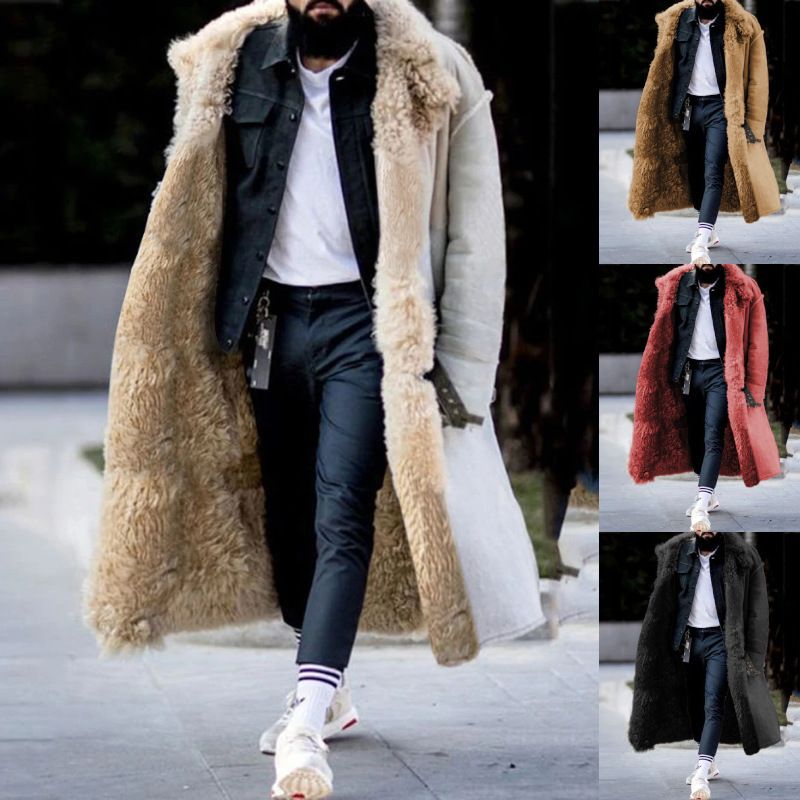 Men's Clothing Men's Long Suede Leather Faux Shearling Coat - Winter Warm Fleece Lined Jacket With Multiple Pockets (Red, Black, Blue, Camel)_voghion.com