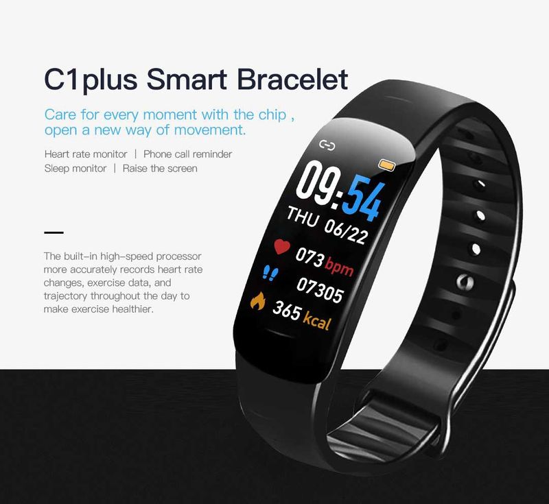 Bracelet intelligent à écran couleur C1plus, compteur Bluetooth, mesure de la fréquence cardiaque et de la pression artérielle, bracelet de sport multifonctionnel_voghion.com