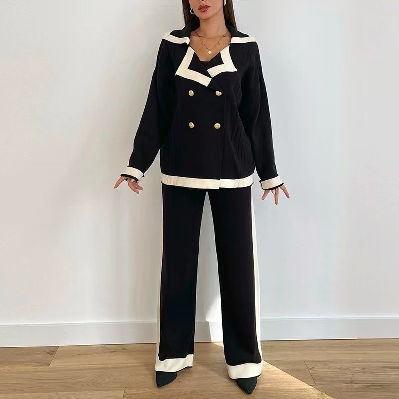 Completo alla moda in rilievo per abbigliamento femminile, elegante e anti-età, maglione girocollo alla moda + pantaloni sportivi casual in maglia larghi_voghion.com