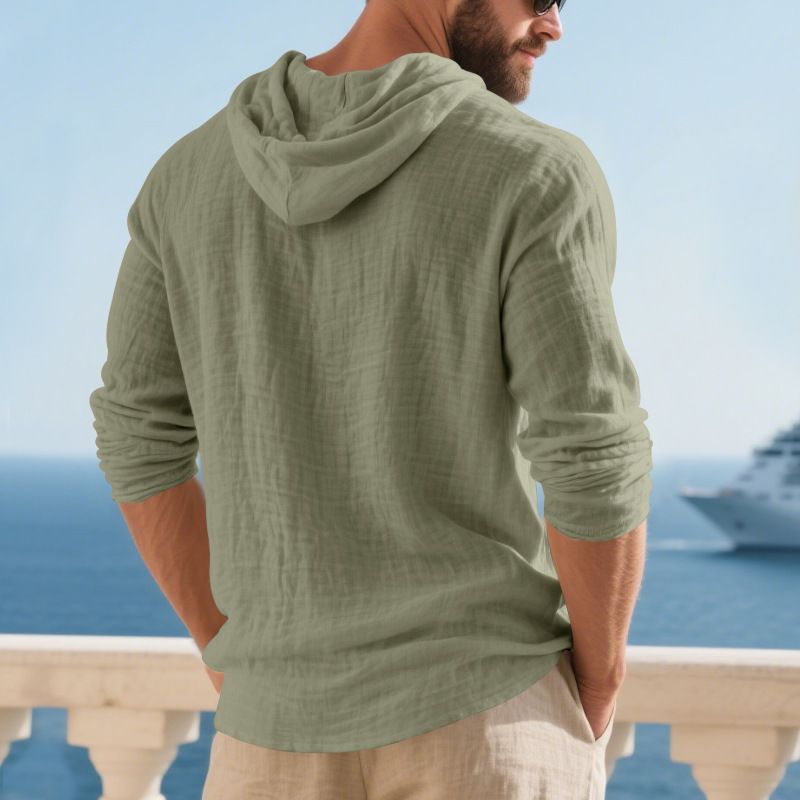 Herren-Kapuzenhemd aus Leinenmischung – Leichtes und atmungsaktives Langarm-Strandhemd (Schwarz/Grau/Armeegrün, lockere Passform, maschinenwaschbar)_voghion.com
