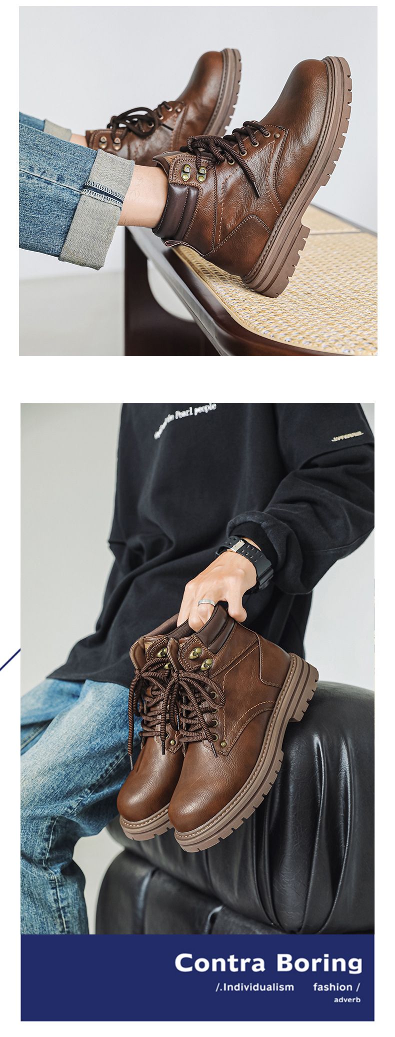 Men's Retro Tooling Boots High-top Short Boots Thick-soled Heightening Martin Boots American Retro Leather Boots_voghion.com