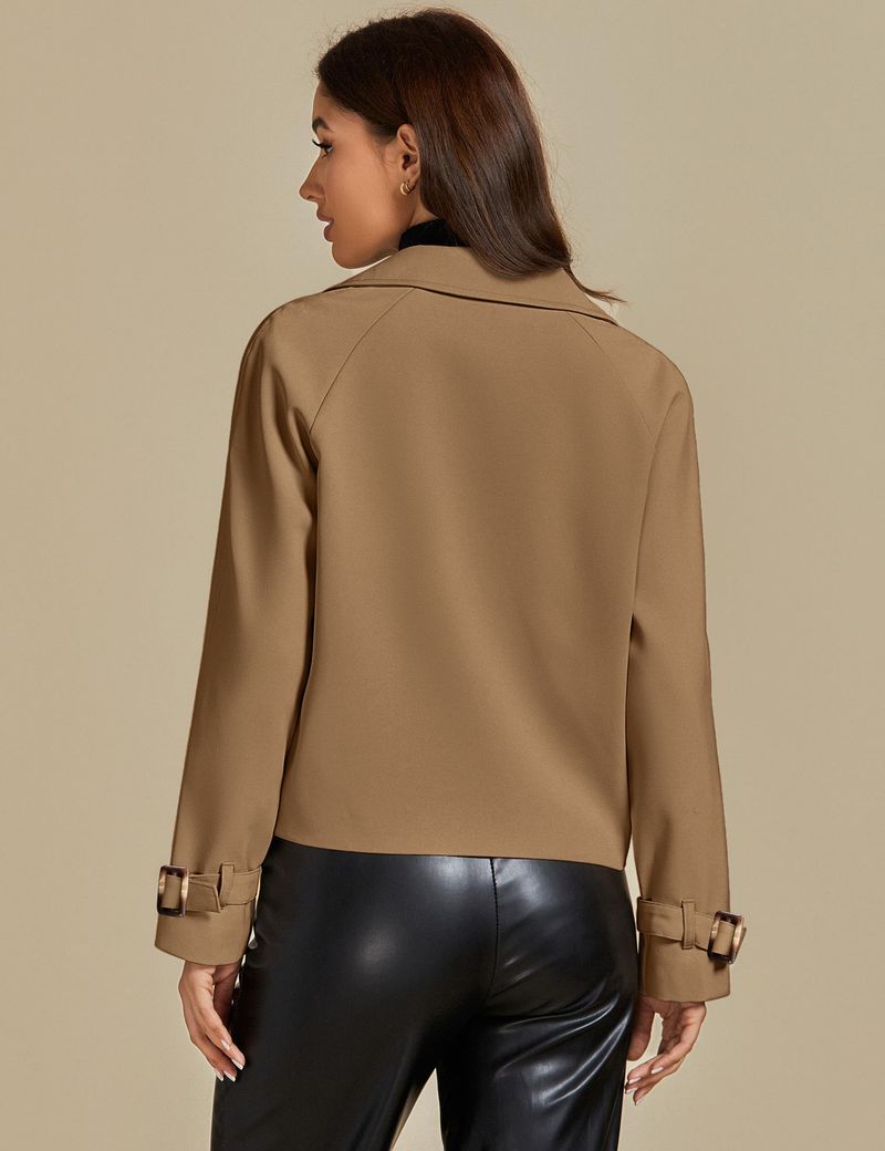 Women's Short Windbreaker Autumn And Winter Long Sleeved Double Breasted Lapel Casual Jacket_voghion.com
