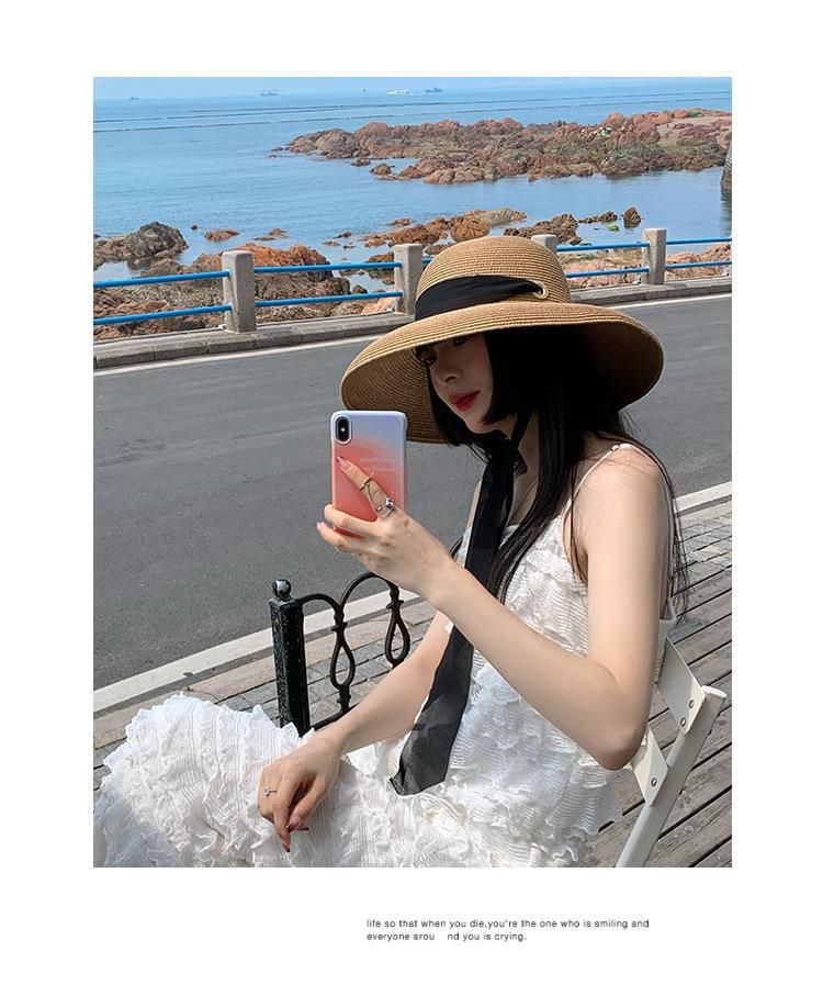 Neuer Strohhut im Hepburn-Stil mit großer Krempe und langem französischem Band, faltbarer Sonnenschutz, Gesichtsbedeckung, Urlaubsstrand, Sonnenhut für Touristen_voghion.com