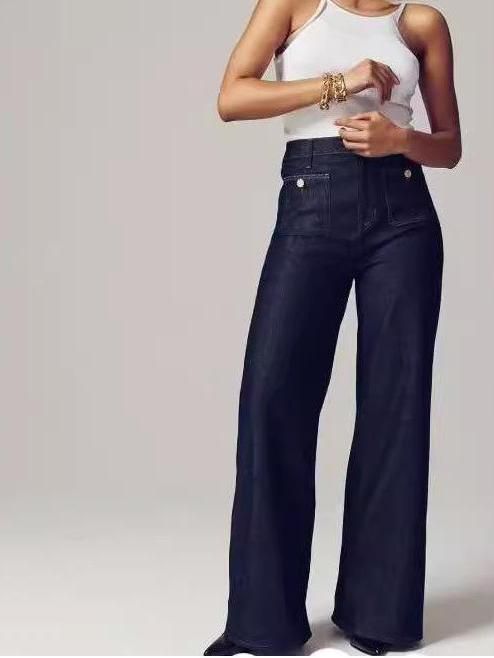 Calça jeans feminina de cintura alta e perna larga – Calça jeans com lavagem elástica e vários bolsos (azul escuro, azul claro, preto, branco, azul médio) – XS a 3XL_voghion.com
