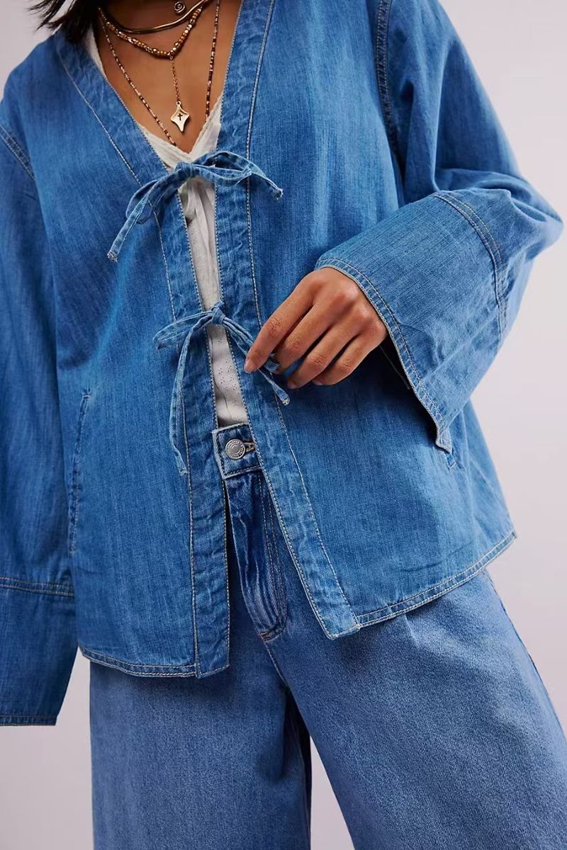 Damenbekleidung Damen-Jeanshemd im neuen Stil mit Schnürung, vielseitige, langärmelige Tasche, gewaschene Jeanshemdjacke_voghion.com