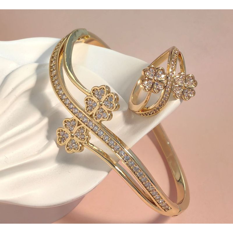 Accessoire Bracelet Bague Plaqué Or Véritable Trèfle Porte-Bonheur Ensemble De Diamants Polyvalent À La Mode_voghion.com