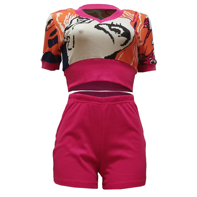 Women's Clothing Summer Printed Heart Shaped Collar Slim Sports Casual Suit_voghion.com