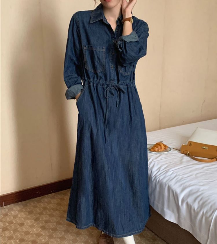 Korean Version Double Pocket Lapel Breasted Denim For Women, Drawstring Waist Tie, Water Washed Long A-Line Dress_voghion.com