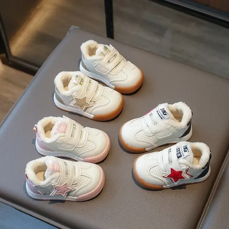 Scarpe da ginnastica invernali per bambini, calde, casual, con stelle, in PU, con gancio e passante, bianche, morbide e antiscivolo, per bambini piccoli, sportive_voghion.com