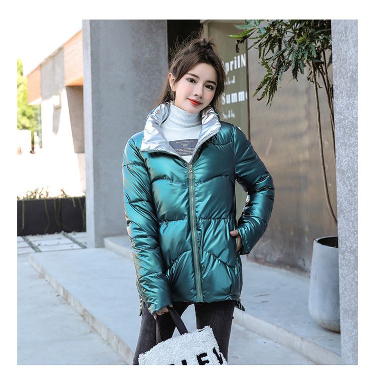 Piumino corto da donna con finitura lucida, cappotto trapuntato leggero, capospalla invernale con collo alto, vestibilità comoda e casual._voghion.com