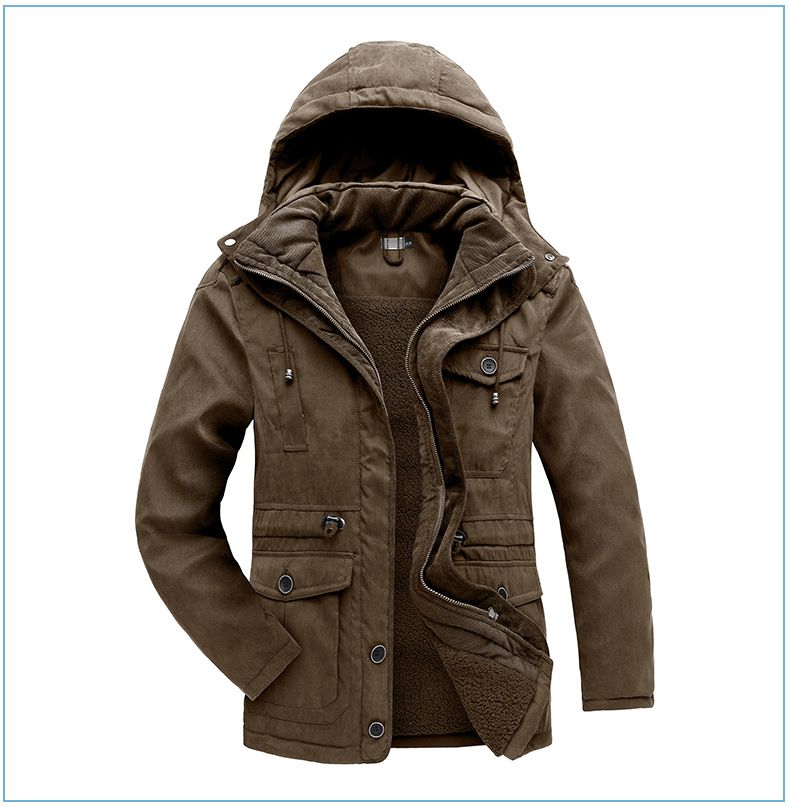 Men's Plus Size Shearling Hooded Cotton Jacket Thickened Multi-Pocket Cotton Top Casual Mid-Length Coat_voghion.com