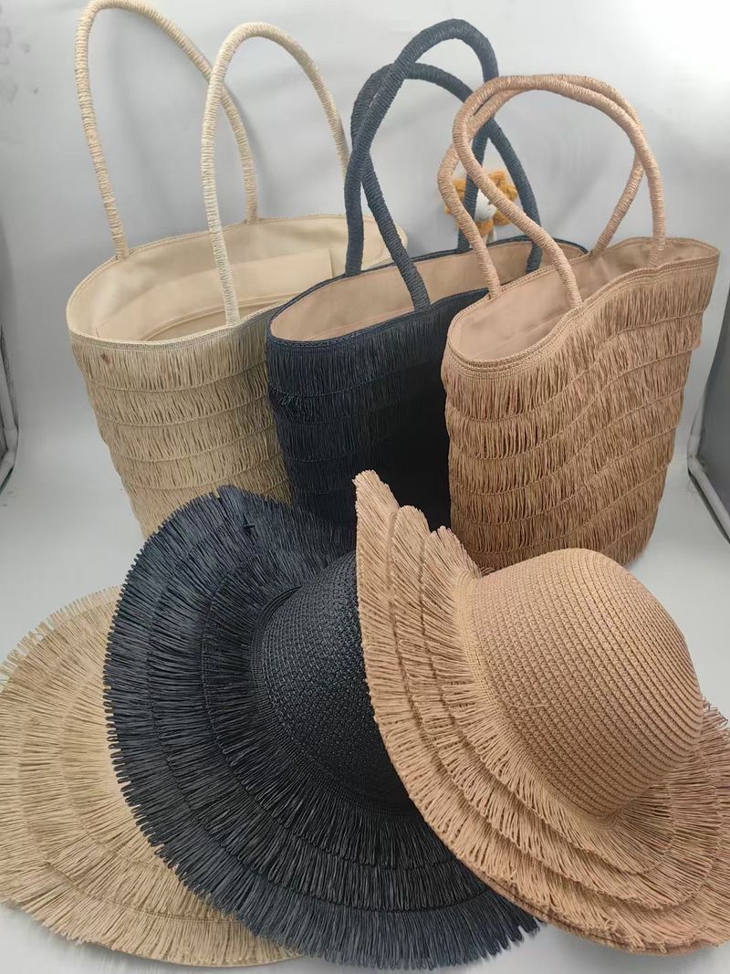 Borsa da donna in paglia rustica fatta a mano con nappa da spiaggia in stile francese, intrecciata_voghion.com