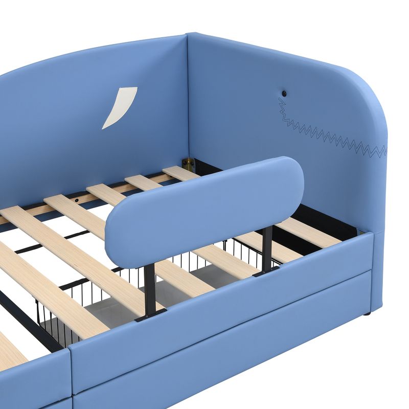 Kinder-Spleißbett, Polsterbett, Tagesbett, Walförmiges Design, Schlafsofa , 2 Schubladen Auf Rollen, PU+MDF+Sperrholz, Blu, 90x200cm_voghion.com