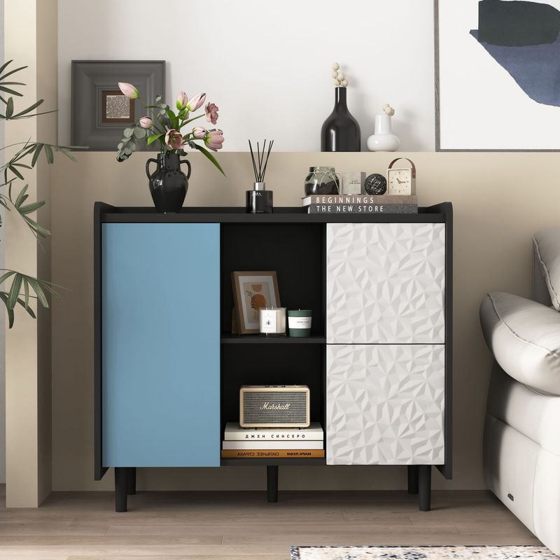 Sideboard Buffet Cabinet, Black Storage Cabinet With Red Doors , 2 Drawers With Unique Panel Styling And 2 Open Storage Compartment, Modern Coffee Bar Cabinet Accent Cabinet For Kitchen, Dining Room,_voghion.com