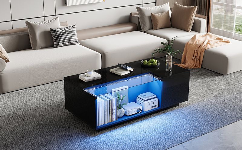 Table basse LED 100 x 50 x 35 cm avec rangement, table de salon en verre noir brillant avec 2 tiroirs, table d'appoint de canapé moderne_voghion.com