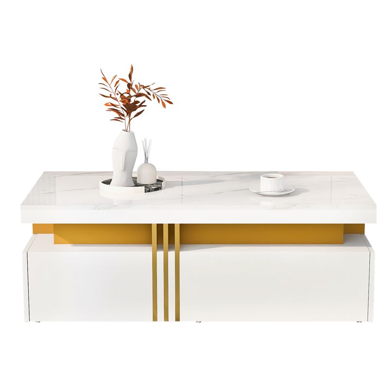 Table basse rectangulaire moderne avec plateau brillant, 2 tiroirs en bois, surface à motif marbre, pour salon, 100 x 50 x 40 cm_voghion.com