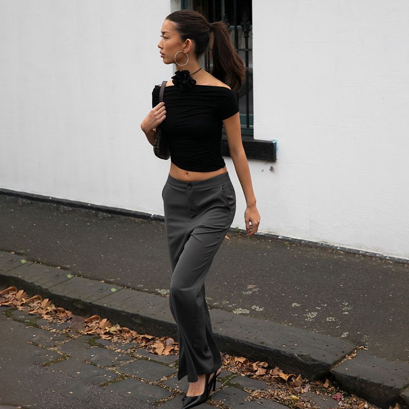 Καλοκαιρινό νέο μπλουζάκι Γυναικεία σέξι κοντομάνικα μπλουζάκια με κάθετο λαιμό με πτυχώσεις Crop Top Casual StreetwearSolid Basic T-shirts_voghion.com