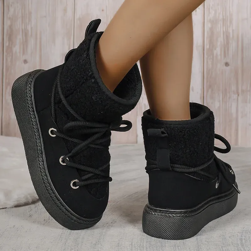 Scarpe da sci invernali da donna in pelle scamosciata con lacci, calde e imbottite, per il tempo libero, in lana sintetica, con plateau, 2024_voghion.com