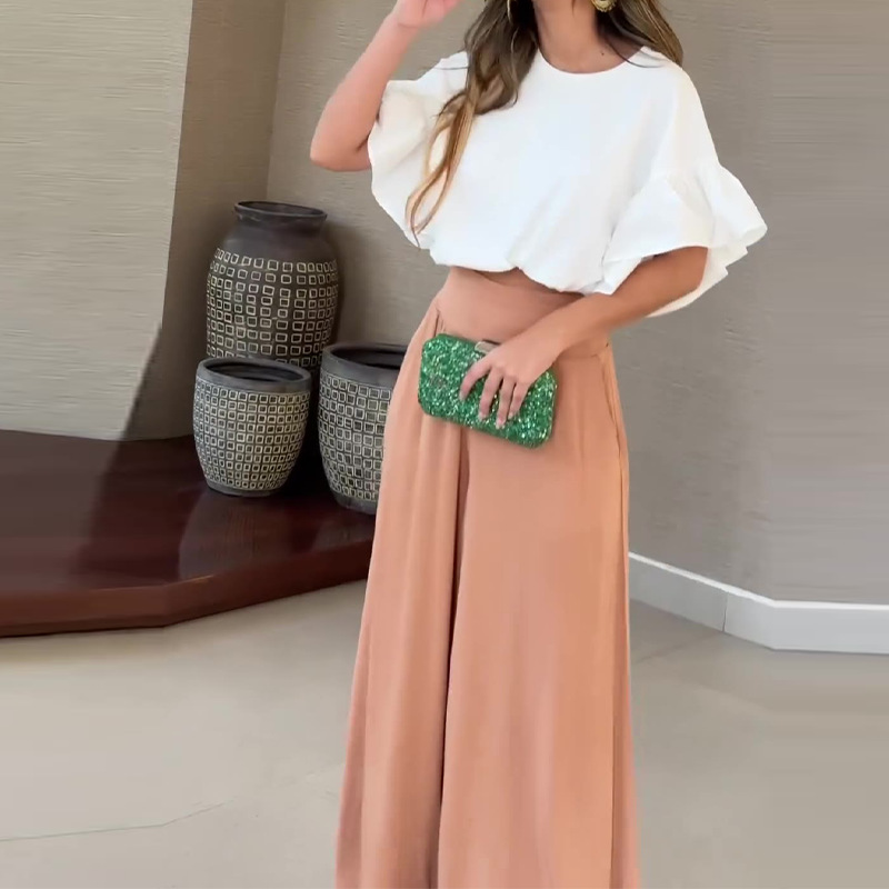 Ensemble deux pièces pour femmes, haut court à manches Lotus et pantalon à jambes larges, couleur unie, à la mode_voghion.com