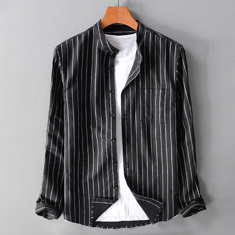 Camicia da uomo in lino e cotone comoda con maniche a righe multicolori casual di CT 2025, primavera e autunno_voghion.com