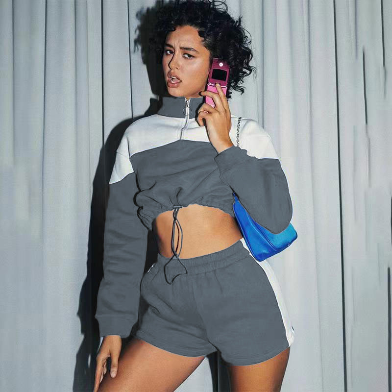 Women's Clothing color-blocked drawstring casual shorts women's sweatshirt set two-piece set_voghion.com