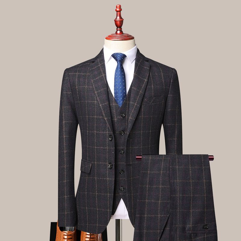 Completo da uomo a quadri CT in stile coreano, vestibilità slim fit, modello 2025, per uomini giovani e di mezza età, completo da tre pezzi_voghion.com