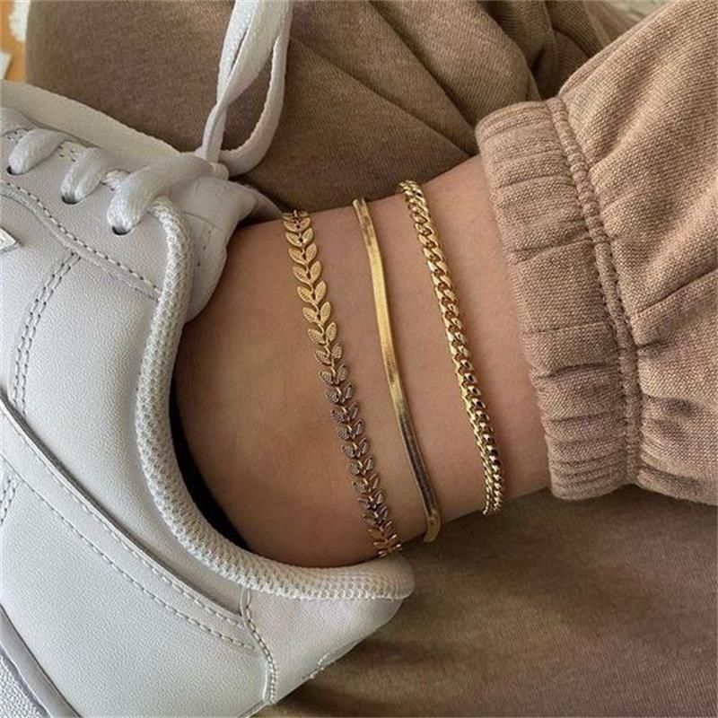 Bohemian Retro Ethnic Beach Vacation Women Stacked Bracelet Set Fashion Anklet Three-piece Set Flat Snake Wheat Ear Chain Combination Foot Accessories_voghion.com