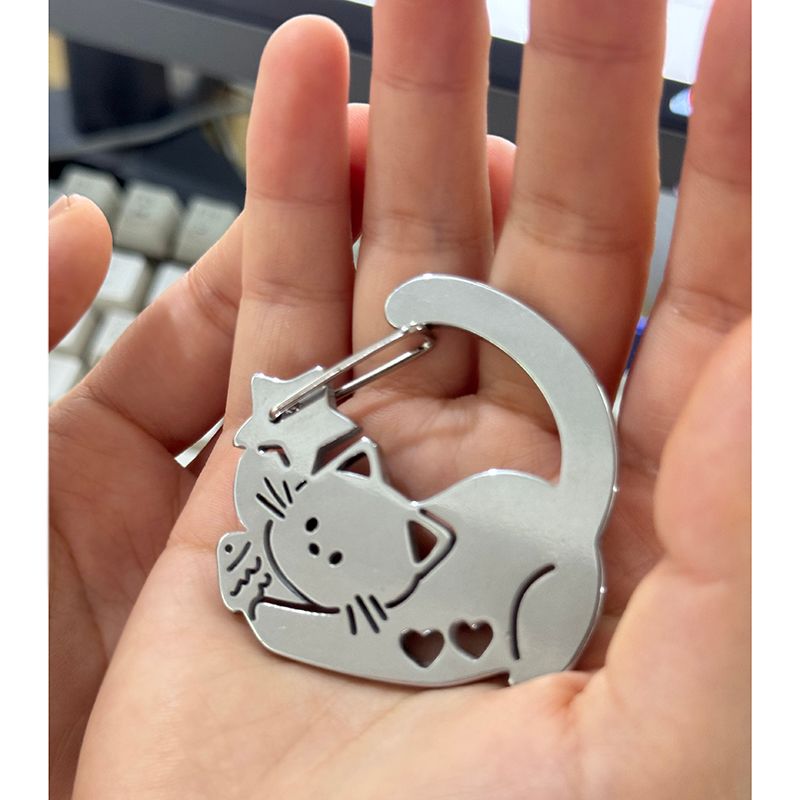 Kitten Eating Fish Pendant, Key Chain, Schoolbag, Small Pendant, Mountaineering Buckle, Stainless Steel Souvenir_voghion.com