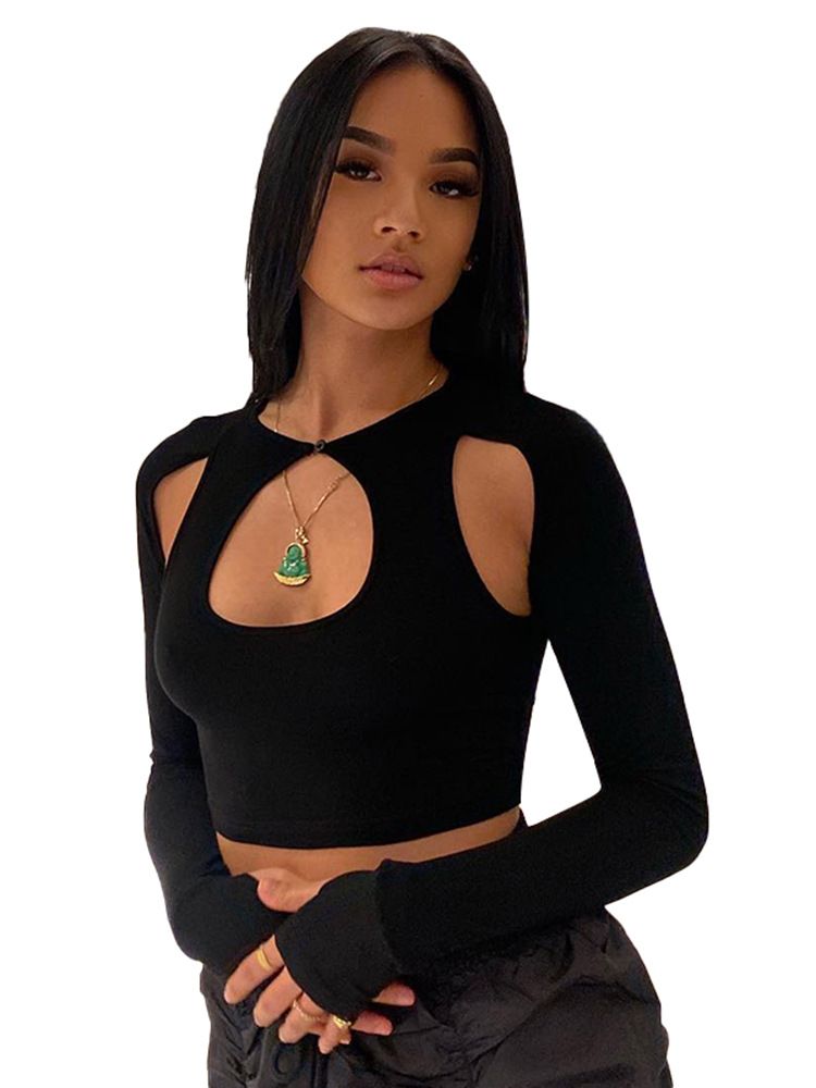 Abbigliamento da donna: nuovo top slim a maniche lunghe cavo in tinta unita con ombelico scoperto_voghion.com