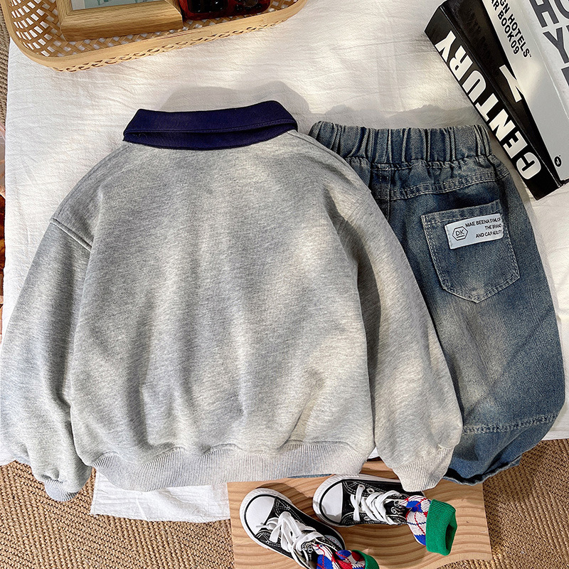Children's Autumn New Set Zipper Cartoon Sweater Boys' Letter Print Top Cool and Handsome Denim Pants_voghion.com