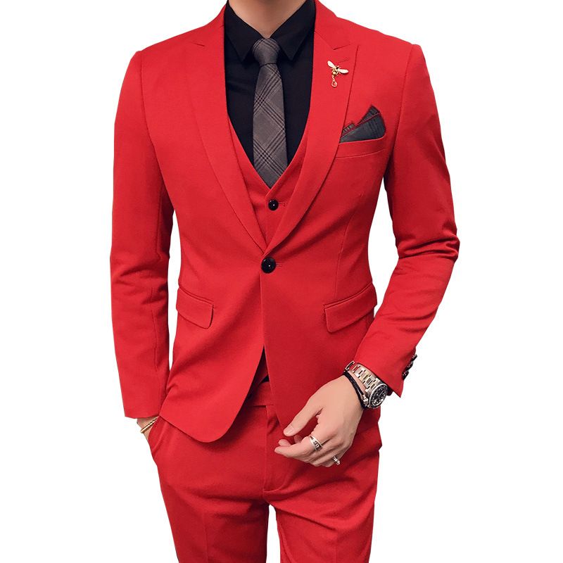 CT Solid Color Business Performance Internet Celebrity Wedding Groomsman Red Men's Suit Three-Piece Set_voghion.com