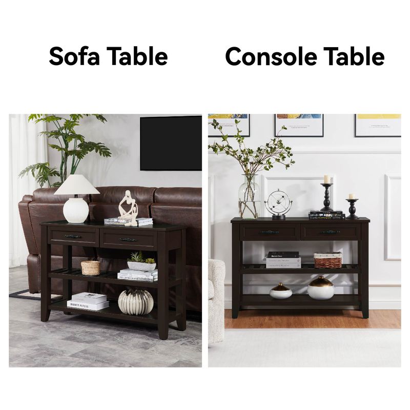 Retro Design Console Table With Two Open Shelves, Pine Solid Wood Frame And Legs For Living Room_voghion.com