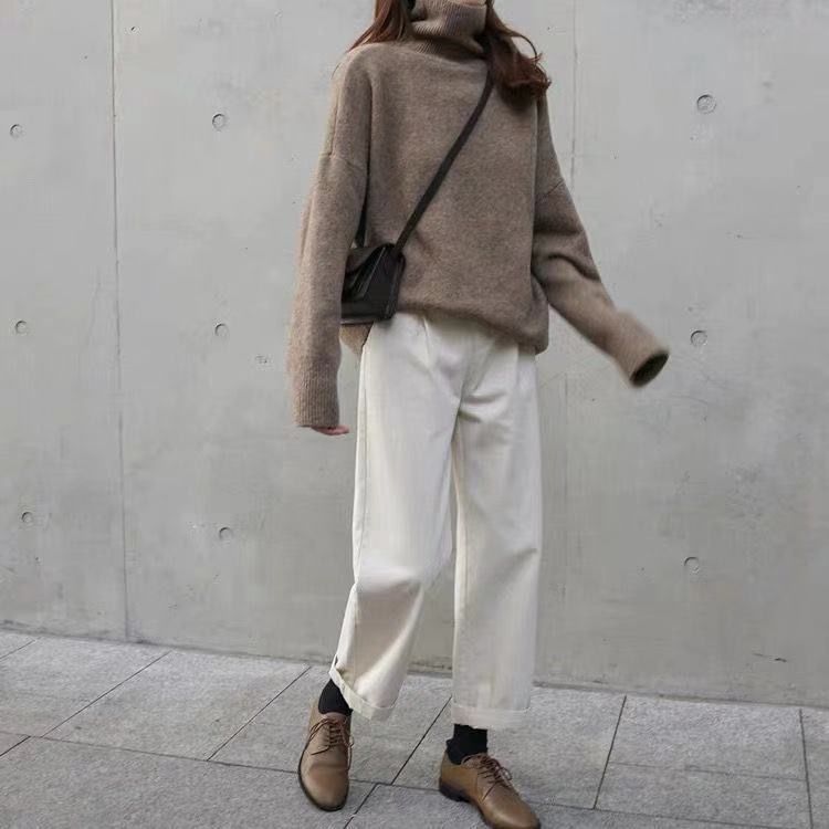 Dammekleeder einfarweg Pullover Hierscht a Wanter nei locker gestrickt Hemd mat héijem Kraang_voghion.com