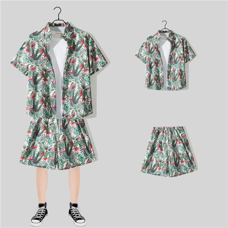Hawaii Beach Vacation For Men Loose Plus Size Couple Trendy Short Sleeve Floral Shirt Casual Two-Piece Set_voghion.com