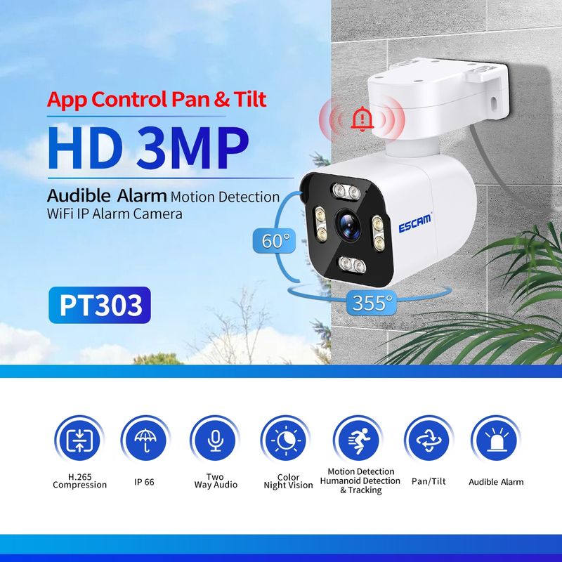 Κάμερα IP WiFi PT303 3MP HD με ανίχνευση κίνησης, έλεγχο πανοραμικής λήψης και κλίσης (EU Plug)_voghion.com
