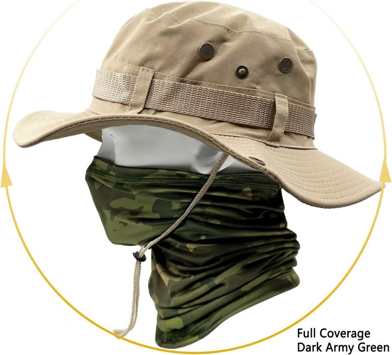 Sun Men's UPF 50+ Safari Summer Wide Brim Camo Hiking Army Boonie With Cooling Multifunctional Tube Scarf Outdoor_voghion.com