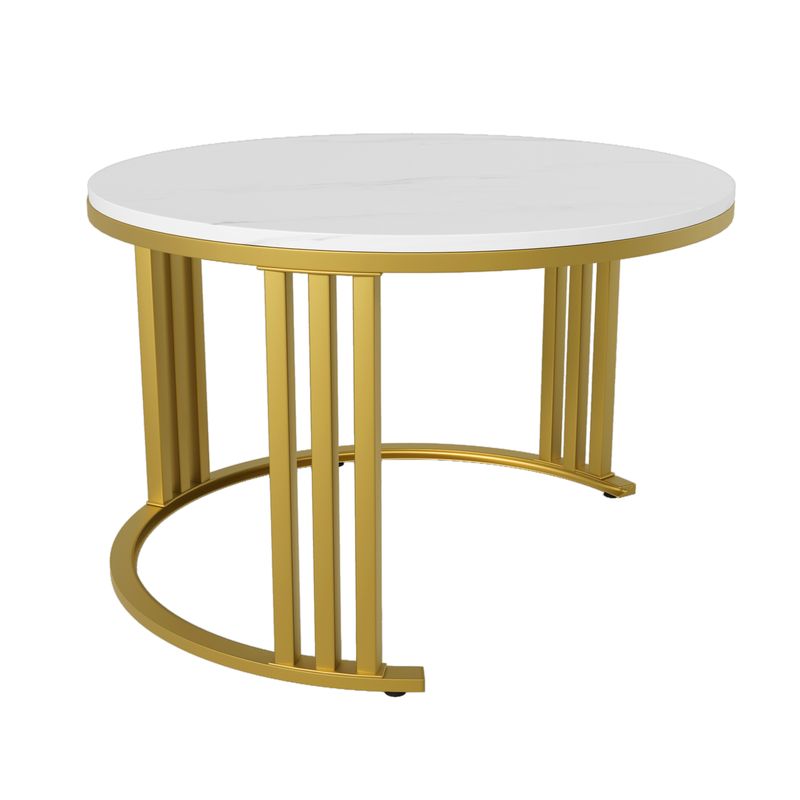 Table basse ronde 2 en 1 en MDF, table d'appoint avec plateau brillant et 1 plateau en marbre blanc, ensemble de table basse de salon avec 2 tiroirs, 70 x 70 x 46 cm + 50 x 50 x 40 cm_voghion.com