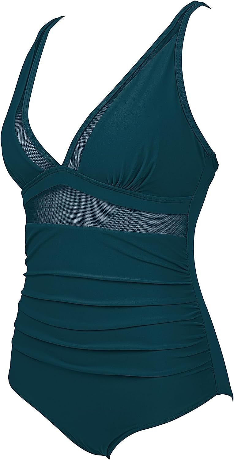 Damenbekleidung Einteiliger Badeanzug Weiblicher Hohler Netzstoff Tiefes V Geraffter Durchsichtiger Bikini_voghion.com